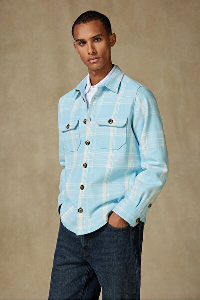 Abbate Fumo Flannel Cotton Overshirt Fit Light Blue Classic Collar Men's Plai...