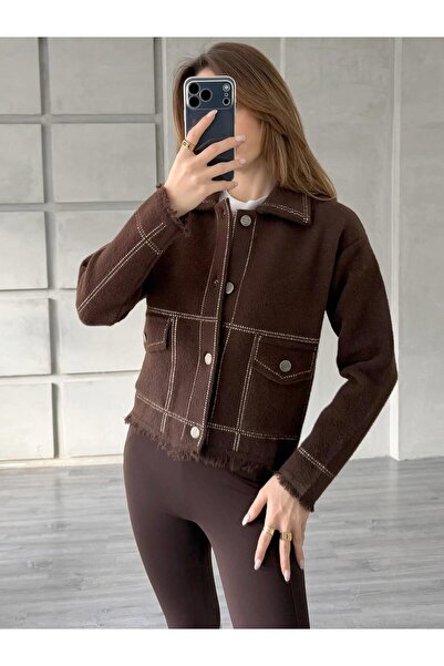 Coral Nokta Şeritli Gömlek Yaka Ceket 140394 Kahve - Vanilya