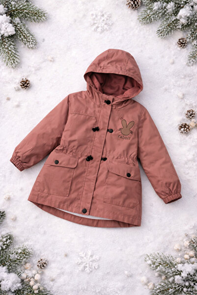 kahkaha kids Kız Çocuk Kapüşonlu Mevsimlik Mont Gül Kurusu – Cepli Baskılı Gü...