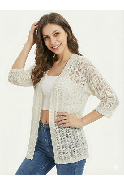 ribana Women's Cream Tasseled Summer Openwork Knitwear Cardigan