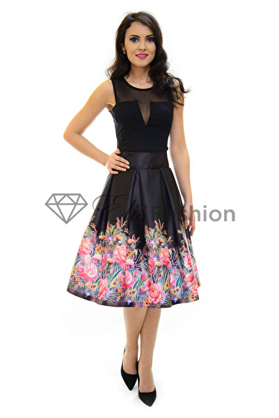 Elis Fashion Black taffeta midi skirt with Printed