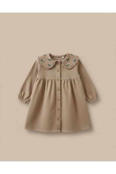BOBBY JR KİDSWEAR Gabardine Dress with Daisy Embroidery on the Collar and But...