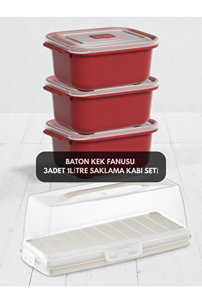 PONÇİK BEBEK Lockable Rectangular Baton Cake Container 37cm - 3 Pieces 1 Lite...