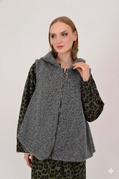 Miss BuBu Collection Kadın İtalyan Kapüşon Detaylı Fermuarlı Keçe Yelek