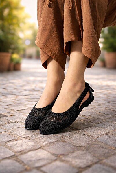 RynModa Kadın Dantel Detaylı Arkası Açık Rahat Örgü Nakışlı Hasır Babet