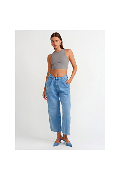 OllaCollection Belt Adjustable Short Balloon Denim Trousers-Blue