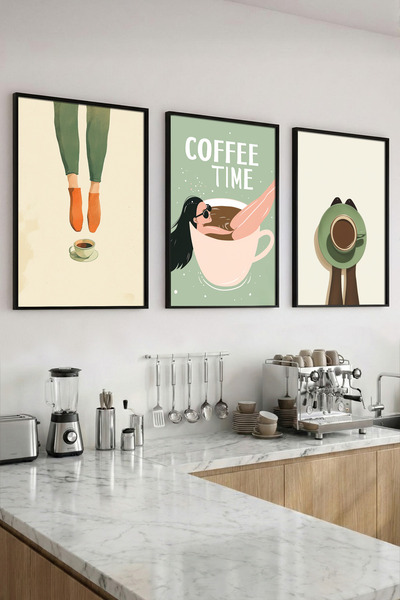 Yoko Home 3’lü Mutfak ve Coffee Tasarımlı Ahşap Çerçeveli Tablo Seti, Modern ...