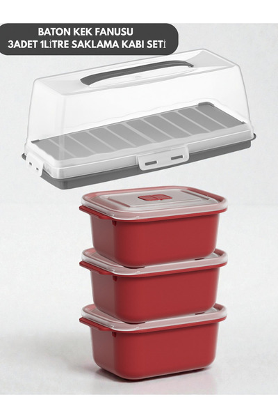 PONÇİK BEBEK Lockable Rectangular Baton Cake Container 37cm - 3 Pieces 1 Lite...