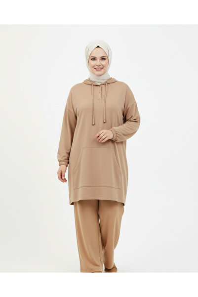 wishne Kapüşonlu Düğme Detaylı Kanguru Cepli Uzun Büyük Beden Tesettür Tunik ...