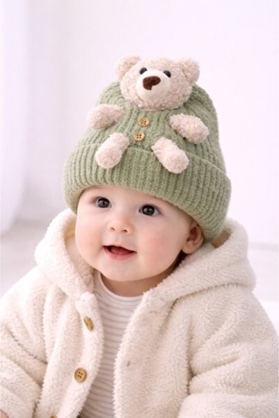 Pure Boutique Green knitted baby hat with teddy bear applique, warm and soft hat