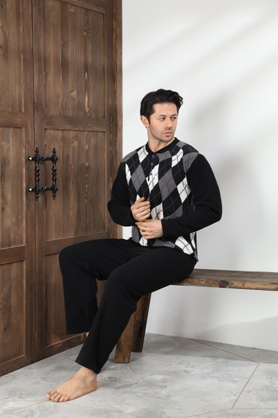 Elit Men's Lapel Buttoned Long Sleeve Winter Welsoft Fleece Pajama Set