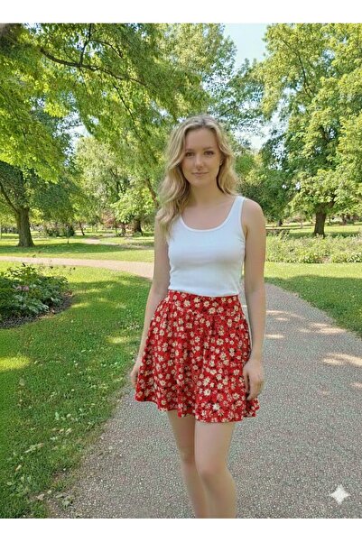 LADY HAZAL Red High Waist Elastic Waist Mid-Length Skirt Helen Fabric Floral ...