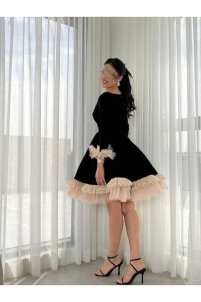 TREN Black Velvet Midi Dress with Beige Tulle Ruffle Hem | Long Sleeve Party ...