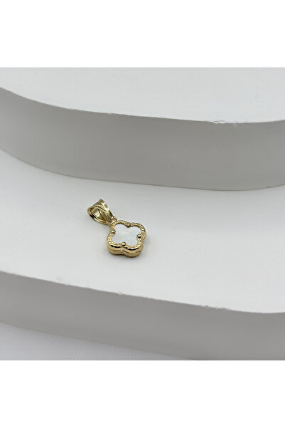 DİAMİNE PIRLANTA 14 Ayar Altın Beyaz Sedefli Taşlı Yonca Kolye Ucu ( 8mm)