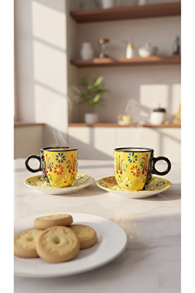 RGS HOMELİFE Set of 2 Handmade Ceramic Cups, Ceramic Tea, Coffee Cup Set Yellow
