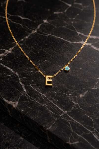 stainles steel Nazar Boncuklu E Harfi Gold Çelik Kolye