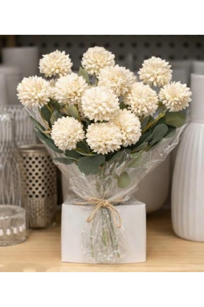 Toleys Dekoratif Yapay Çiçek Buketi – Krem Ponpon Çiçekler Kasımpatı