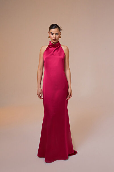Mozto Halley Halter Yaka Pembe Maxi Saten Elbise