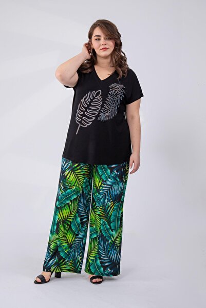 Roxxlen Bluză de damă de mărime mare, cu decolteu în V, negru, cu strasuri