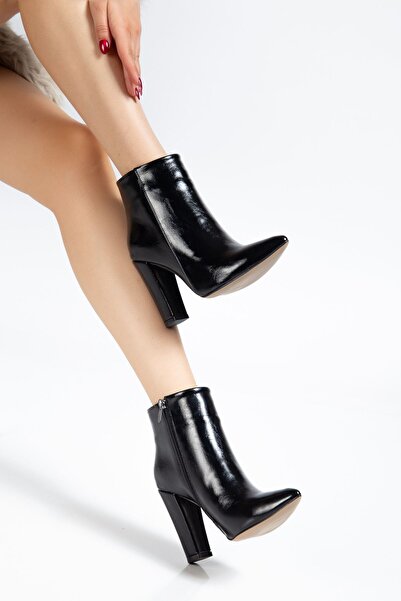 Budi Vrt-4801 Black Wrinkled Patent Leather High Thick Heeled Zippered Women'...