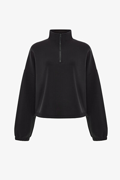 Penti Black Silky Touch Mock Neck Zipper Crop Sweatshirt