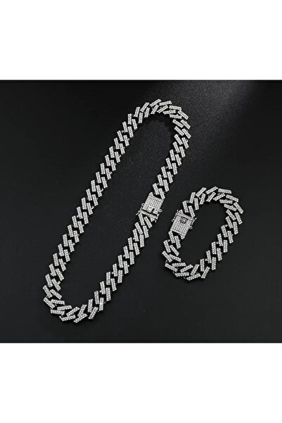 Şöhret takı&aksesuar Büyük taşlı Küba kolye bileklik seti silver