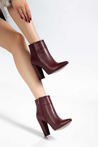 Budi Vrt-4801 Burgundy Leather High Thick Heeled Zippered Women's Boots