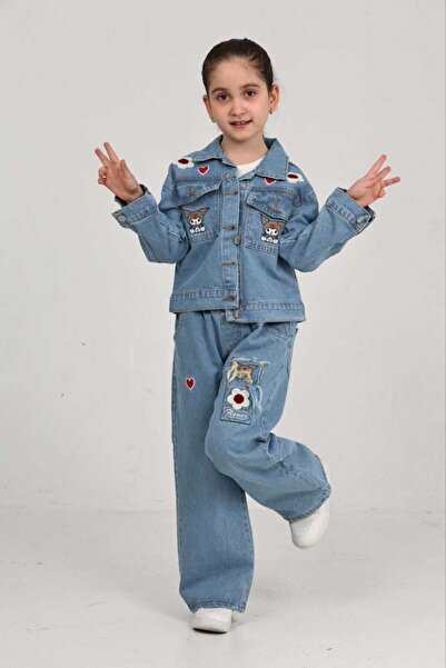 Butik Kız Çocuk Kot Ceket&Pantolon Takımı-Kalp ve Nakış Detaylı