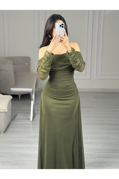 TREN Olive Green Off-Shoulder Gown | Long Sleeve Evening Dress | Ruched Maxi ...