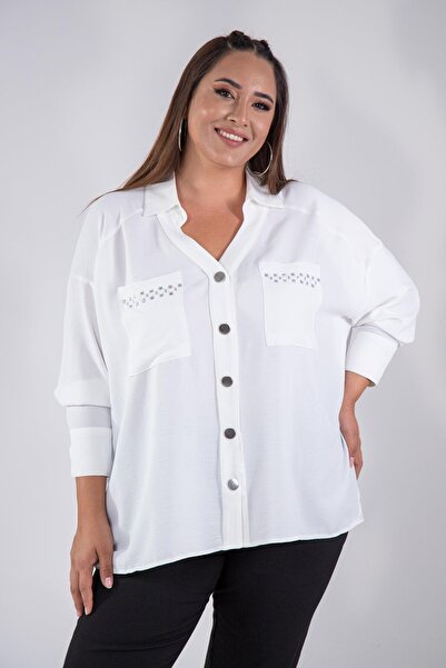 Roxxlen Plus Size Women's Pocket Stone Snap White Shirt