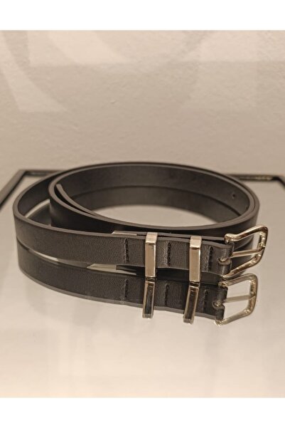 Roosbutik Kadın Gümüş Tokalı Siyah Gümüş Kahverengi Deri Görünümlü İnce Kemer