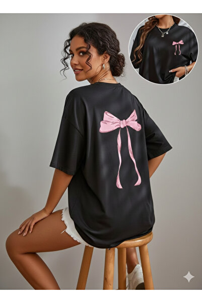 JENOLAN Γυναικείο μπλουζάκι ροζ φιόγκο με τύπωμα χτενισμένο βαμβακερό oversiz...