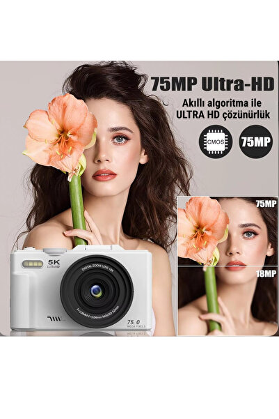 WUNİT W1 5K UHD 75 MP Dijital Kamera 18X Zoom Flaş 64 GB SD Kart 3" 180° Flip Ekranlı Seyahat & Vlog Retro
