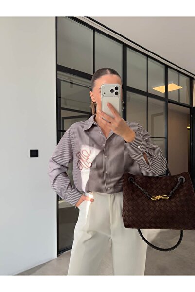 BB Bensu Buyruk قميص مخطط مطرز بخيوط CEBI باللون البني