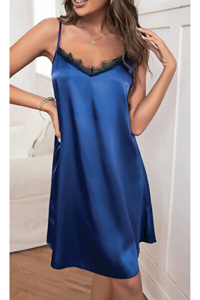 Bleu Petite Cămașă de noapte din satin, albastru marin, cu bretele subțiri, p...