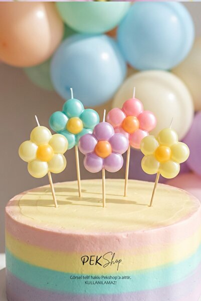 PEKSHOP Makaron Papatya Şekilli Pasta Mumları Seti 5li