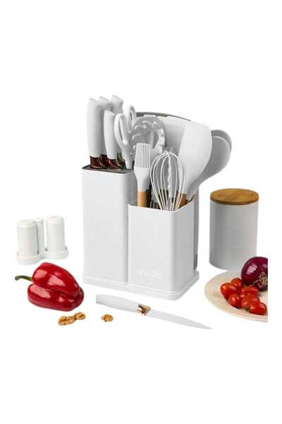OEM Set 19 ustensile de gătit , Silicon mâner bambus, Termorezistente, suport și tocător, Alb