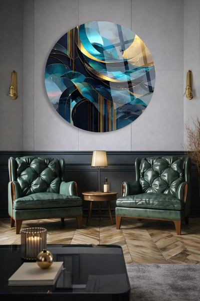 TAULART TABLOR MODERN ROTUND CU MODEL ABSTRACT ALBASTRU ȘI AURIE STICLA INTRA...