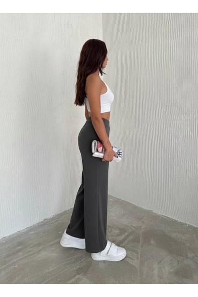 KUPON TEKSTİL Pantaloni de damă ANTRACIT cu picior larg, model vipușcă cu talie înaltă, textură moale și talie elastică din Lycra