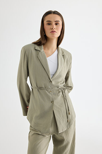 Quzu Striped Lace-Up Shirt Jacket Khaki
