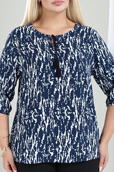 OYERGA MODA Women's Plus Size Navy Blue White Patterned V-Neck Relaxed Fit Bl...