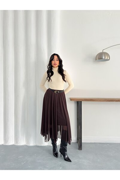 LE CARAMBOLE Women's Brown Belt Detailed Asymmetrical Tulle Skirt