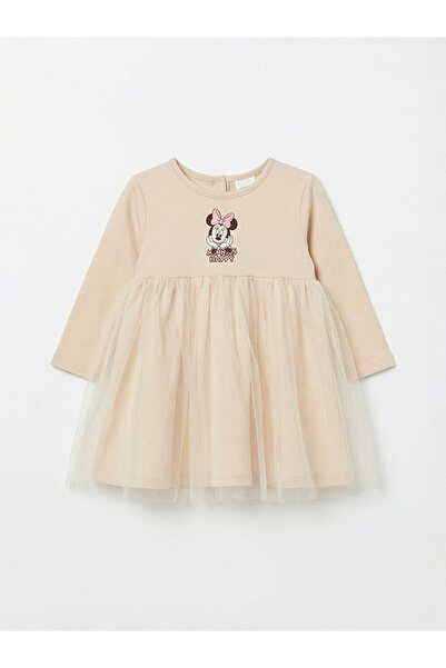 LC Waikiki LCW baby Bej Minnie Mouse Baskılı Kız Bebek Tüllü Elbise
