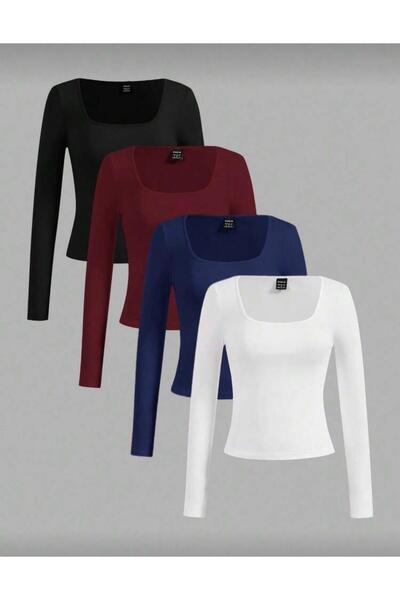 MİLYA&GYM Kadın 4'lü Paket Kaşkorke Fitilli Pamuklu Kare Yaka Uzun Kollu Vücu...