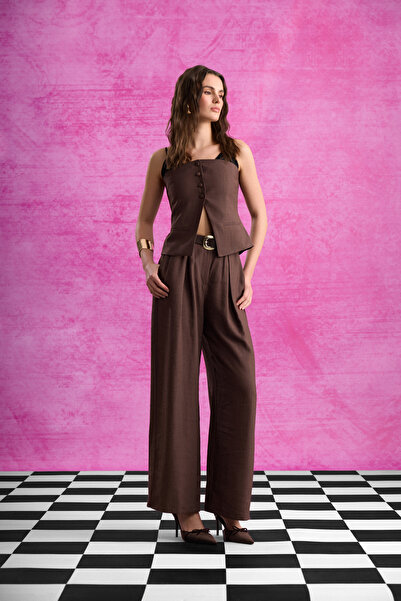 Quzu Double Pile Belted Palazzo Pants Brown