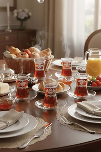 Jenisa İnsigne Model Patterned Transparent Glass Tea Set – 12 Piece Tea Set