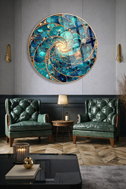 TAULART TABLĂ DE STICLA SPIRALĂ ABSTRACTĂ TURCOAZ CU DETALII DE AUR, TABLĂ DE...