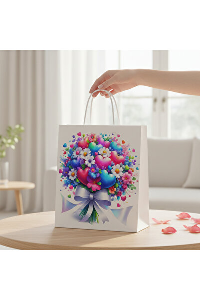 Armada White Twist Handle Paper Gift Bag – Heart Flower Bouquet Valentine's D...
