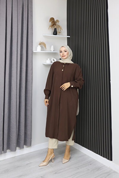 Grosh Fashion Kadın Uzun Tensel Tunik – Düğmeli, Rahat Kesim