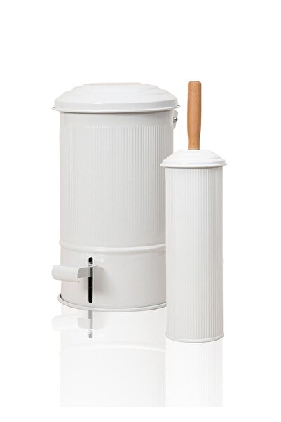 The Mia Stripe Trash Can and Toilet Brush White Set 1